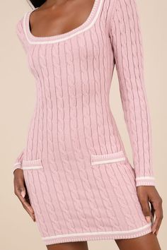 From office days to coffee dates, stay cute this season in the Lulus Autumn Concept Pink Cable Knit Sweater Mini Dress! Soft cable knit shapes this chic dress that has long, fitted sleeves and a flattering scoop neckline. Fitted silhouette falls to a figure-hugging waist and a mini hem. Decorative welt pockets. White accent trim completes the look, lining the cuffs, neckline, hem, and pockets. Fit: This garment fits true to size. Length: Mid-thigh. Size medium measures 32.5" from shoulder to hem Pink Cable Knit Sweater, Sweater Mini Dress, Coffee Dates, Accent Trim, Fitted Sleeves, Mini Sweater Dress, White Accents, Fitted Silhouette, Cable Knit Sweater