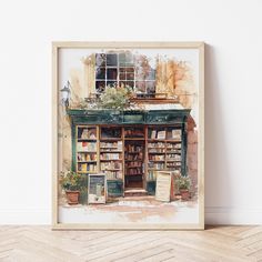 a watercolor painting of a book store with bookshelves and plants on the front