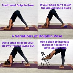 a woman doing yoga poses on her purple mat with instructions to do the splitstand