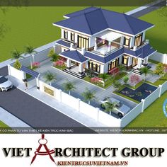 an architectural rendering of a house with blue roof