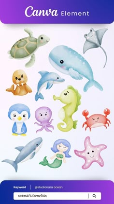 an image of different sea animals on a white background with the words canva element