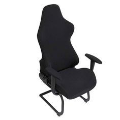 an office chair with black fabric upholstered to the seat and backrests