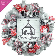 Jesus True Story Christmas Wreath - Church Christian Religious Front Door Wreath - Pink Door Wreaths Christmas Present For Mom, Nativity Wreath, Grey Farmhouse, Christmas Presents For Moms, Outdoor Home Decor, Pink Door, Religious Christmas, Presents For Mom, Church Decor