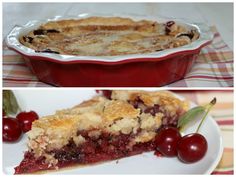 two pictures of pies with cherries in them