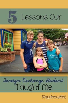 four young boys and one girl are posing in front of a building with the words 5 lessons