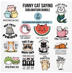 a bunch of stickers with cats and watermelon on them