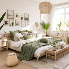 a bedroom with white walls and green bedding in front of a large window filled with potted plants