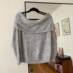 Grey Off The Shoulder Sweater, Never Worn. Grey Off Shoulder Sweater, Cozy Fall Tops For Day Out, Cozy Fall Day Out Top, Cozy Long Sleeve Tops From H&m, Gray Winter Top For Day Out, Gray Top For Winter Day Out, Gray Top For Day Out In Winter, Gray Top For Day Out In Fall, Cozy H&m Tops For Fall