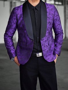 Men's Business Vintage Jacquard Mandarin Collar High-End Luxurious Purple Suit Jacket With Fruit Pattern ,Glamorous Party Purple Party  Long Sleeve Fabric Colorblock,All Over Print Regular Non-Stretch  Men Clothing, size features are:Bust: ,Length: ,Sleeve Length: Purple Wedding Suits Groom, Prom Suits For Men Black, Men In Purple, Purple Suit Jacket, Purple Tuxedo, Prom Men, Hoco Ideas, Formal Attire For Men, Purple Suit