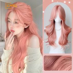 XINFEI Long Pink Wavy Wig with Bangs Synthetic Women Lolita Cosplay Fluffy Natural Hair Wig for Fluffy Natural Hair, Wavy Wig With Bangs, Long Pink Hair, Red Hair Inspo, Natural Hair Wigs, Long Curly Wig, High Quality Wigs, Wavy Wig, Pink Wig