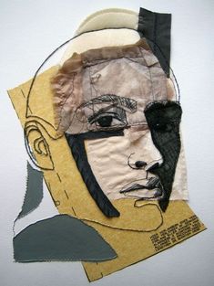 an image of a paper cut out of a man's face with newspaper clippings