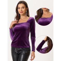 Women's Long-Sleeve Velvet Square Neck Casual T-Shirt Blouse. This retro-style shirt highlights your elegance and the velvet fabric feels smooth and comfortable to touch. This top features a solid color, long sleeves, and a square neck. This square-neck shirt features a cozy fabric to keep you warm on cooler days. This top is perfectly paired with jeans or leggings and heels for a beautiful and stylish look. Perfect for casual weekend looks. This top can easily create a chic look. Velvet Cami Top, Sequin Cami Top, Christmas Velvet, Prom Costume, Leggings And Heels, Casual Blouses, Square Neck Long Sleeve, Lace Blouse Long Sleeve, Women's Blouses