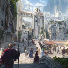 an artist's rendering of a city with people walking up the stairs and onlookers