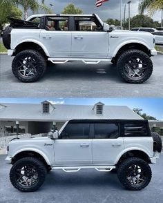 two pictures of a white truck with an american flag on the roof and another photo of it