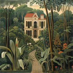 a painting of a house surrounded by trees and plants