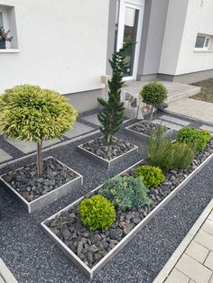 an outdoor garden with rocks and plants in the center, surrounded by graveled walkways