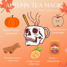 an autumn tea magic poster with pumpkins, apples, cinnamon sticks, honey and orange slices