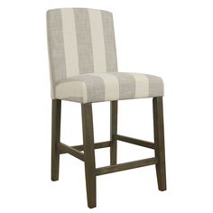 an upholstered bar stool with striped fabric on the back and seat, viewed from the front