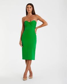 Crepe Strapless Twist Top Fitted Midi Dress Elegant Ruched Strapless Cocktail Dress, Elegant Ruched Strapless Bodycon Dress, Green Strapless Dress With Straight Neckline For Evening, Cocktail Strapless Dress With Ruched Bodice, Modern Bodycon Cocktail Dress, Elegant Strapless Bodycon Dress With Sweetheart Neckline, Elegant Bodycon Strapless Dress With Sweetheart Neckline, Sweetheart Neckline Bodycon Midi Dress For Cocktail, Chic Strapless Dress With Ruched Bodice For Gala