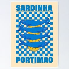 a blue and yellow poster with three fish on it's sides, in front of a checkerboard background