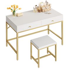 a white desk with two drawers and a stool