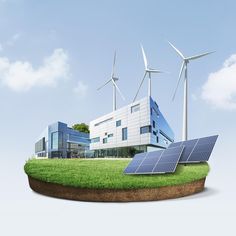 an island with solar panels and windmills in the sky next to a modern building