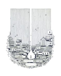 a drawing of a city with lots of buildings on the water and two tall towers