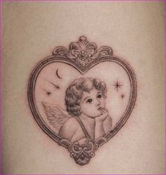 Framed Cherub Tattoo Cherub Art Tattoo, Cherub Tattoo Traditional, Bad Cherub Tattoo, Two Cherub Angel Tattoo, Traditional Cherub Tattoo, Cherubic Face, Cherub Holding Flowers Tattoo, Cherub Angel Tattoo Traditional, Detailed Cherub Tattoo