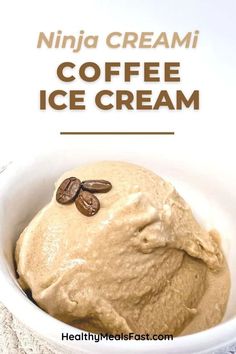 coffee ice cream in a white bowl with almonds on top and text overlay