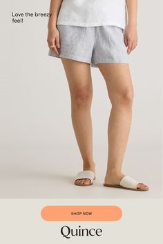 Relaxed and lightweight, these shorts are equally perfect for lounging around or stepping out to see friends. Made from soft, 100% organic linen, they’re a perfect addition for the warm weather.  | Quince | Women's Shorts in Blue Pinstripe, Size XS, Linen European Linens, Re A, Organic Linens, Stepping Out, Linen Shorts, Quince, Warm Weather, Women's Shorts, Womens Bottoms