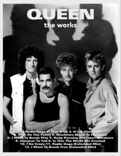 an advertisement for queen the works featuring four men