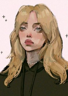 a drawing of a woman with blonde hair and blue eyes, wearing a black shirt