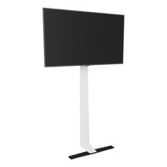 a flat screen tv mounted to the side of a wall with a white stand underneath it