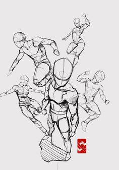 an image of a drawing of people doing different things in the same direction, including one man