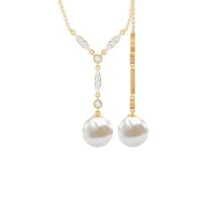 Lariat Style Diamond and Freshwater Pearl Drop Y Necklace Freshwater Pearl - ( AAA ) - Quality - Rosec Jewels Pearl Drop Necklace, Y Necklace, Everyday Accessories, Drop Necklace, Solid Metal, Pearl Drop, Round Cut Diamond, Style Design, Prong Setting