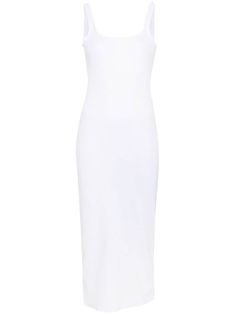 white stretch-cotton ribbed knit ruffled detailing embroidered logo to the rear scoop neck sleeveless raw-cut hem unlined Elegant White Ribbed Bodycon Dress, Elegant Elastane Dresses For Daywear, Elastane Stretch Dress For Daywear, Chic White Ribbed Dress, Stretch Elastane Dress For Daywear, Stretch Elastane Dresses For Daywear, Elegant Ribbed Bodycon Dress With Scoop Neck, White Elastane Midi Bodycon Dress, White Midi Bodycon Dress In Elastane