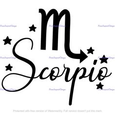 the word scorpio written in cursive writing with stars around it