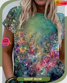 Women Floral Casual Cotton Blends T-shirt Theme Painting, Graphic Floral, T Shirt Flowers, Shirts Women Fashion, Floral Graphic, Style Basic, Floral Theme, Flower Shirt, Floral Print Shorts