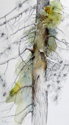 an artistic drawing of a tree with dandelions on it's trunk and branches