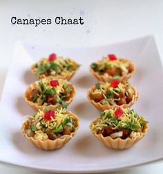 small food items on a white plate with the caption canapes chaat