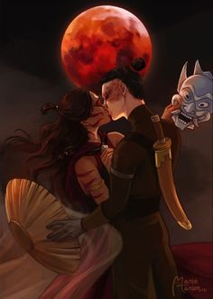 a man and woman kissing in front of the moon with an animal mask on their head