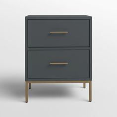 a gray and gold nightstand with two drawers