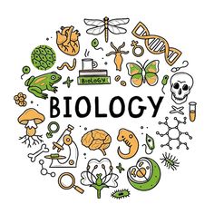 the word biology surrounded by different types of science related items and symbols in a circle