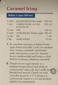 a recipe for caramel icing is shown on a paper sheet with instructions to make it