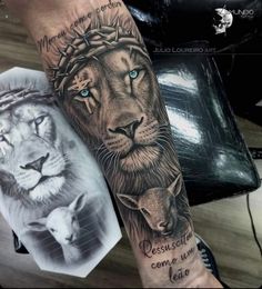 a lion with a crown on it's head next to a tattoo