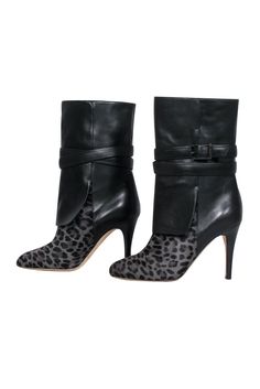 Add some safari chic to your nighttime wardrobe with these sleek booties from Jimmy Choo! Made with a luxe leopard print design in soft calf hair, these heeled beauties are perfect for fashionistas who love their animal print! Style with leather pants and a crop top for a spicy and sultry look that’s perfect for the club! Size 8 (EU 38) Leather and calf hair upper w/ leopard print design Made in Italy Pull on Short shaft w/ buckle design Round toe Skinny heel Leather sole and footbed w/ slight w Leopard Print Winter Party Boots, Elegant Leopard Print Fall Heels, Winter Party Leopard Print Boots, Elegant Leopard Print Heels For Fall, Leopard Print Party Boots For Winter, Leopard Print Leather Boots For Party, Chic Calf Hair Boots With Round Toe, Chic Leopard Print Leather Boots, Chic Leopard Print Heels For Night Out