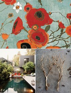 four different pictures with flowers and trees in the middle one is an outdoor swimming pool