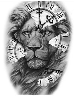 a black and white drawing of a lion face with roman numerals on it