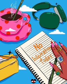 a hand holding a pen next to a notebook with writing on it and various objects surrounding it