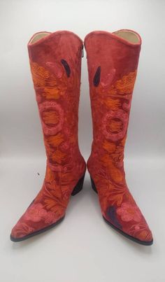 Suzani Boots, Women's Leather Footwear, Red Booties, Embroidered Shoes, High Heel Boot, Bohemian Style, Casual Boots, Genuine Leather Shoe by BeMyBoots on Etsy Cowboy Boots Vintage, Gum Boot, Hippie Shoes, Embroidery Boots, Fashion Everyday, Everyday Boots, Red Booties, Under The Rain, Embroidered Boots